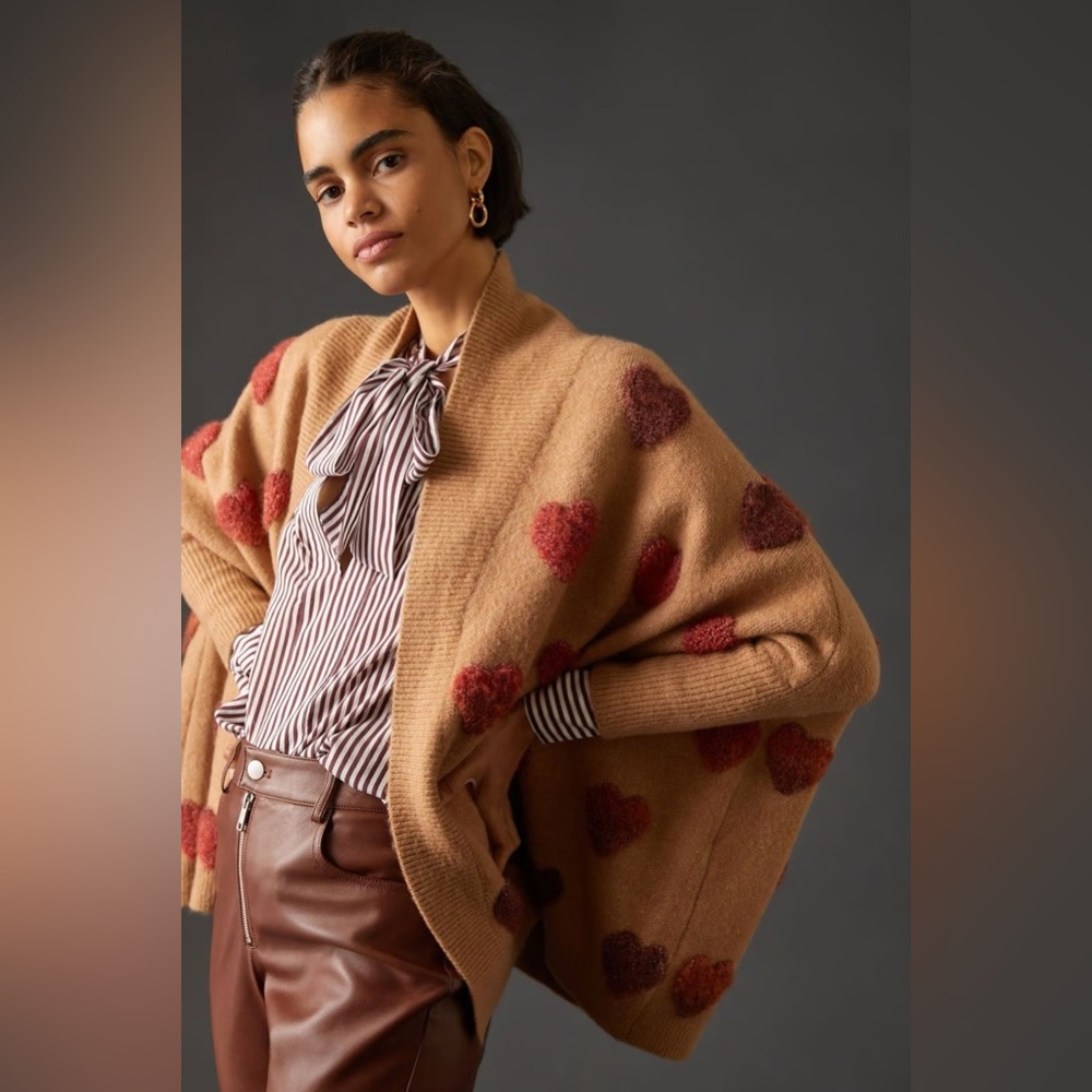 Anthropologie Tan Brown Heart Cardigan
